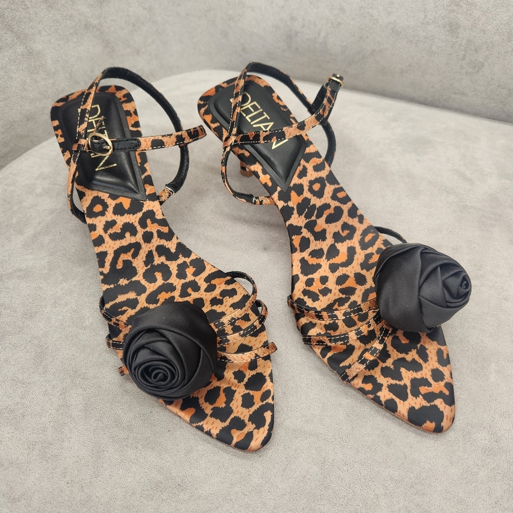 Deltan Dressy Sandals 10 Brown Satin Amayah Leopard Print Black Rosette New $110 - Picture 7 of 15